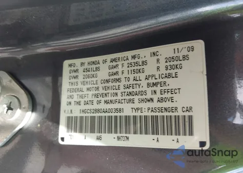 2010 Honda Accord 3.5 Ex-L z USA, uszkodzony, nr VIN 1HGCS2B80AA003581